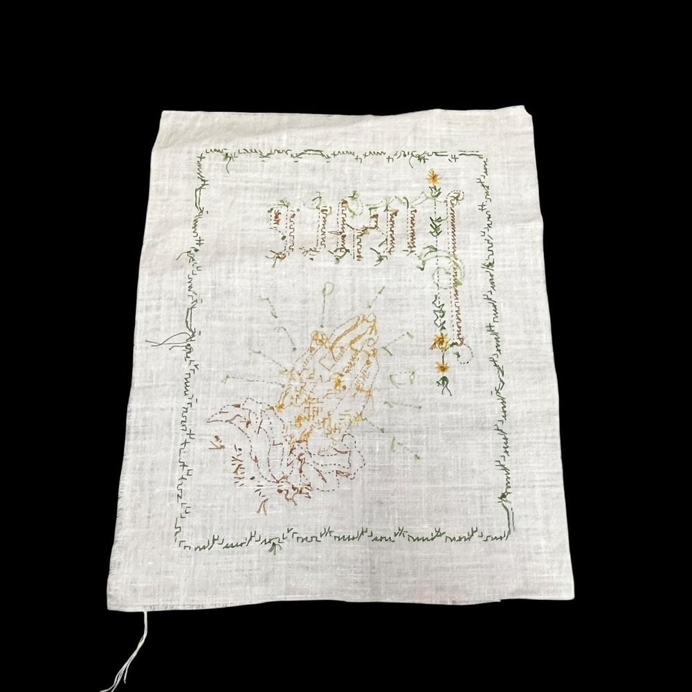 Vintage Hand Embroidered Peace Praying Hands Linen Textile Art 11x14 Off White - Picture 5 of 5